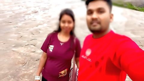 Hot indian brunette in college is playing outdoors