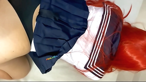 Sexy babe in red dress shows her natural tits and snatch