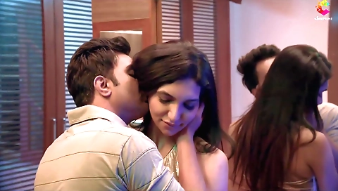 Brunette babe in a short skirt and dress enjoys a lot of sex