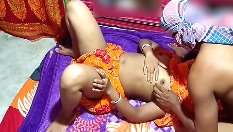 Indian girl and her husband play with their own pussies