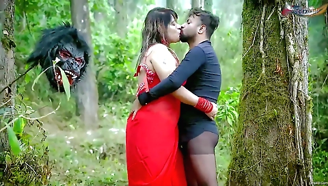 Milf in a black dress and huge boobie rides a horse