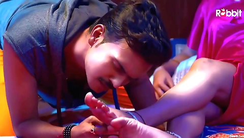 Brunette teen in a red lingerie loves big and large ass